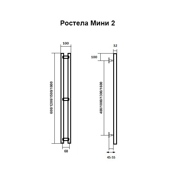 Полотенцесушитель Ростела Мини 1/2" 2 перекладины 120 см (хром)