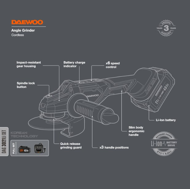 Угловая шлифмашина Daewoo Power DAG 3021Li Set (с 1-им АКБ)
