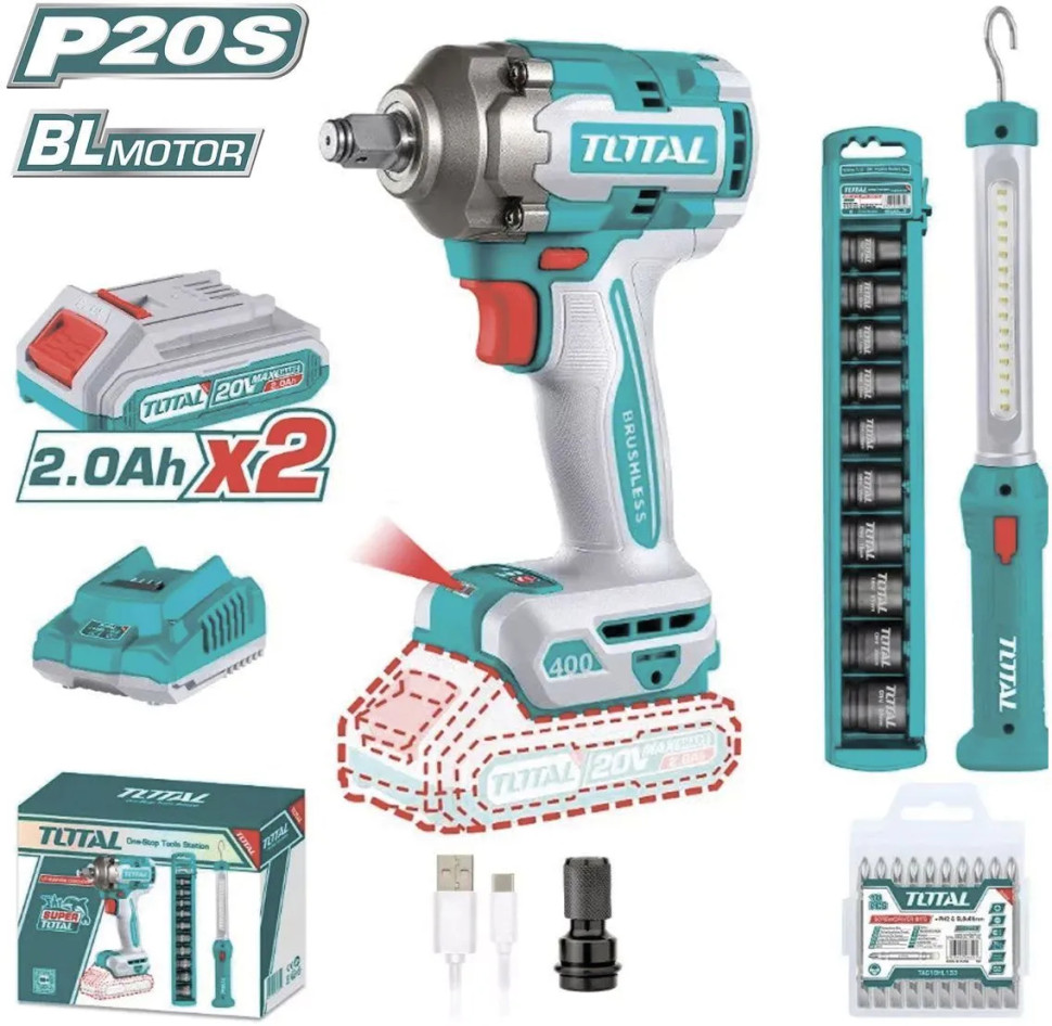 Total TOSLI23048 (гайковерт, фонарь, 2 АКБ)