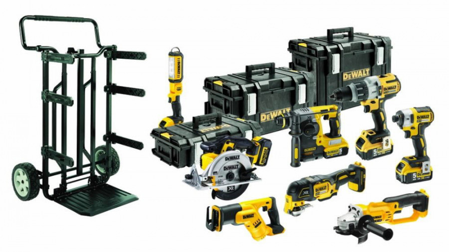 Набор инструментов DeWALT DCK853P4 (шуруповерт, винтоверт, перфоратор, УШМ, дисковая пила, сабельная пила, реноватор, фонарь, 4 АКБ, тележка)
