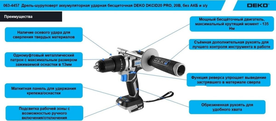 Ударная дрель-шуруповерт Deko DKCID20 PRO 063-4457 (без АКБ)