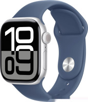 Умные часы Apple Watch Series 10 42 мм (алюминиевый корпус, серебристый/синий, спортивный силиконовый ремешок S/M)