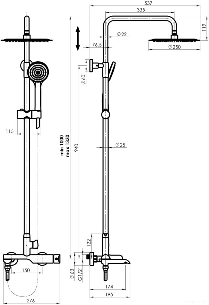 Душевая система Rubineta Olo BK + Ultra-10 SW DV3/4 BK 625123