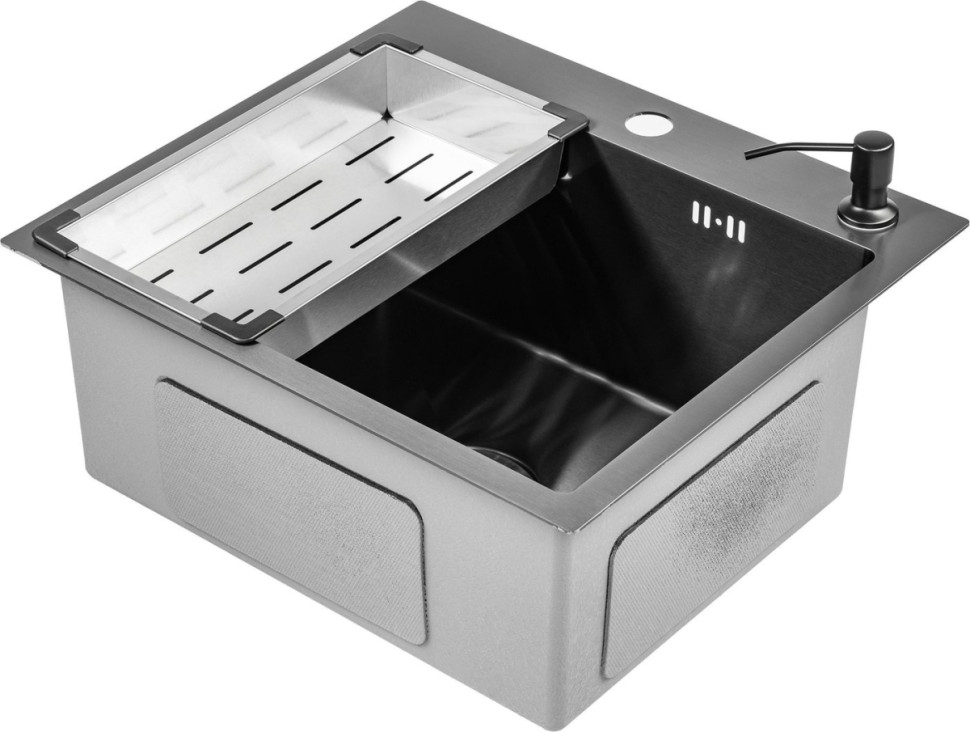 Кухонная мойка Saniteco 5045 Nano + Spike F9S07000 (хром, с сифоном, дозатором и коландером)