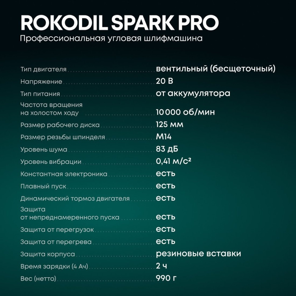 Угловая шлифмашина Rokodil Spark Pro (с 1-им АКБ, кейс)