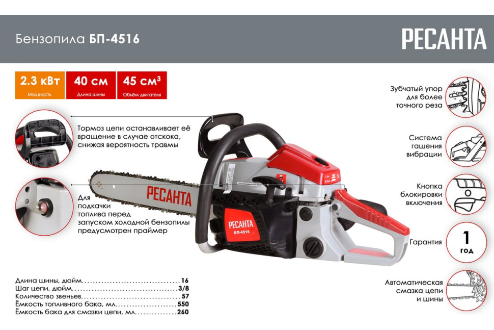 Бензиновая цепная пила Ресанта БП-4516