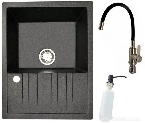 Кухонная мойка БелЭворс Vega R + смеситель W74004-2 + дозатор L405F (черный)