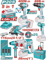 Total TCKLI20592 (шуруповерт, гайковерт, перфоратор, болгарка, фонарь, 2 АКБ, сумка)