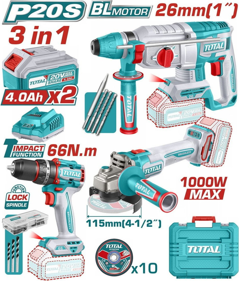 Total TOSLI241198 (шуруповерт, болгарка, перфоратор, 1 АКБ)