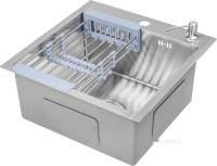 Кухонная мойка Saniteco 4848 + Spike F9S07011 (сатин, с сифоном, дозатором и коландером)