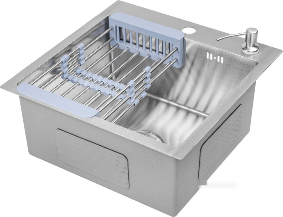 Кухонная мойка Saniteco 4848 + Spike F9S07011 (сатин, с сифоном, дозатором и коландером)
