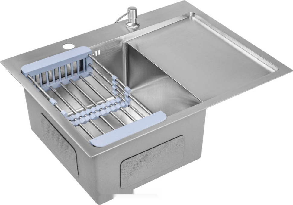 Кухонная мойка Saniteco 6550-L + Spike F9S07000 (хром, с сифоном, дозатором и коландером)