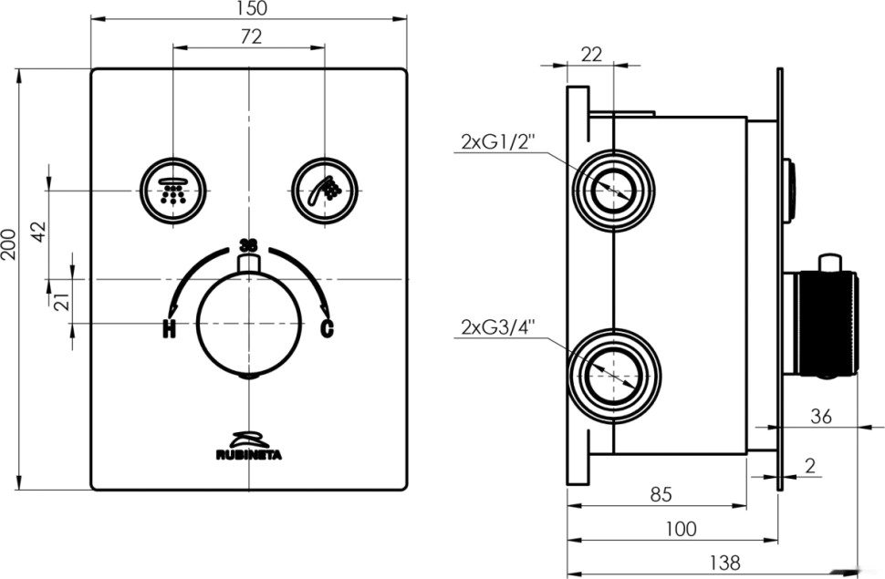 Душевая система Rubineta Thermo-2F-Olo SQ 625039