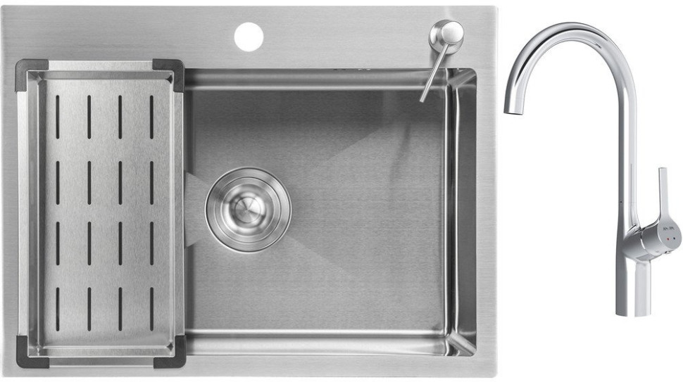 Кухонная мойка Saniteco 6045 + Spike F9S07000 (хром, с сифоном, дозатором и коландером)
