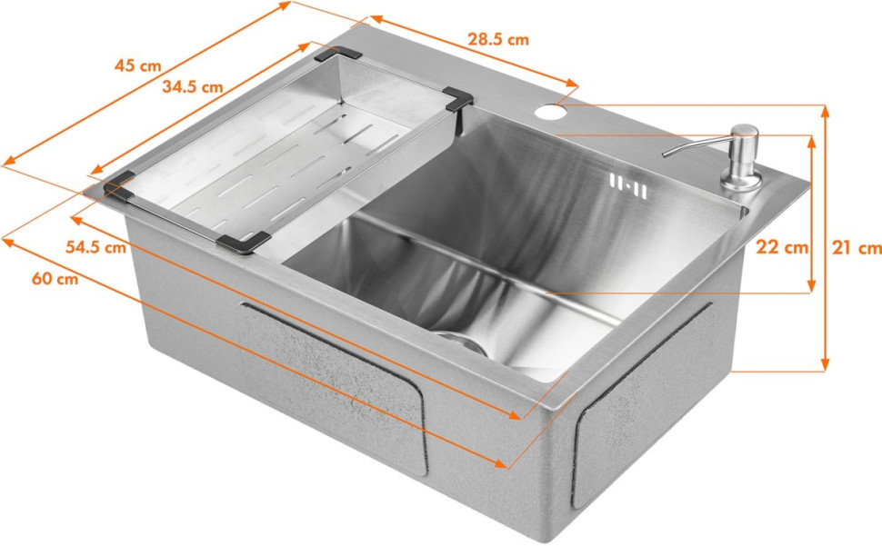 Кухонная мойка Saniteco 6045 + Spike F9S07000 (хром, с сифоном, дозатором и коландером)