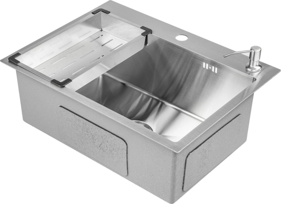 Кухонная мойка Saniteco 6045 + Spike F9S07000 (хром, с сифоном, дозатором и коландером)