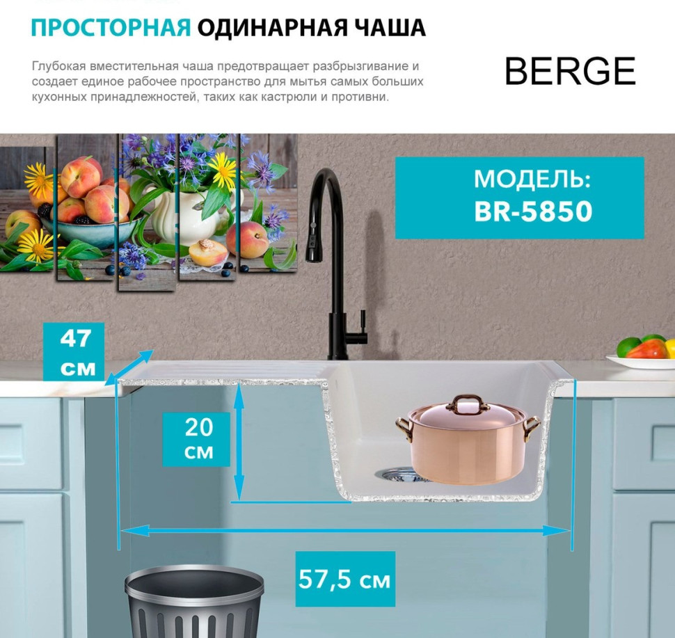 Кухонная мойка Berge BR-5850 + смеситель AM.PM Like F8007133 (серый)