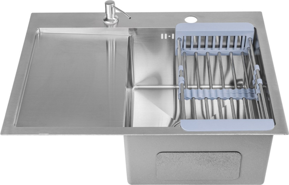 Кухонная мойка Saniteco 6550-R + Spike F9S07000 (хром, с сифоном, дозатором и коландером)