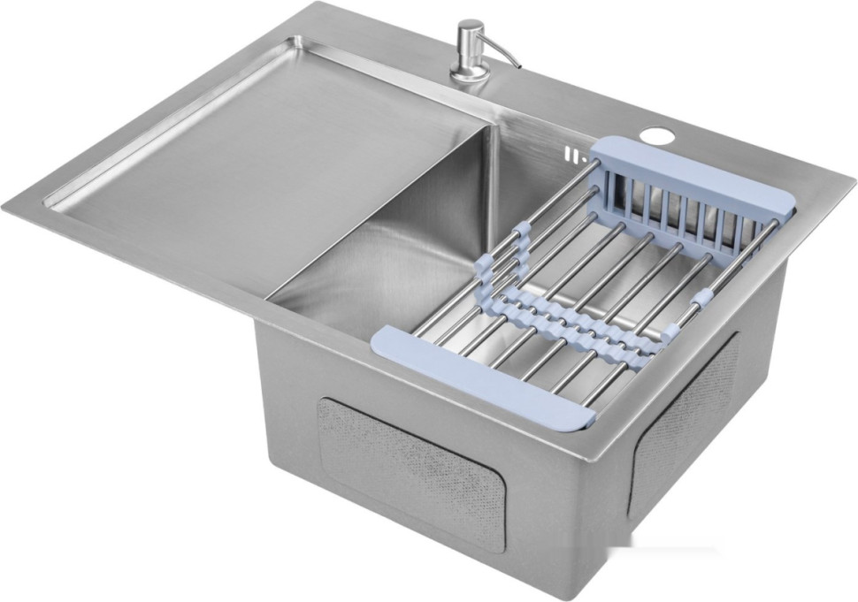 Кухонная мойка Saniteco 6550-R + Spike F9S07000 (хром, с сифоном, дозатором и коландером)