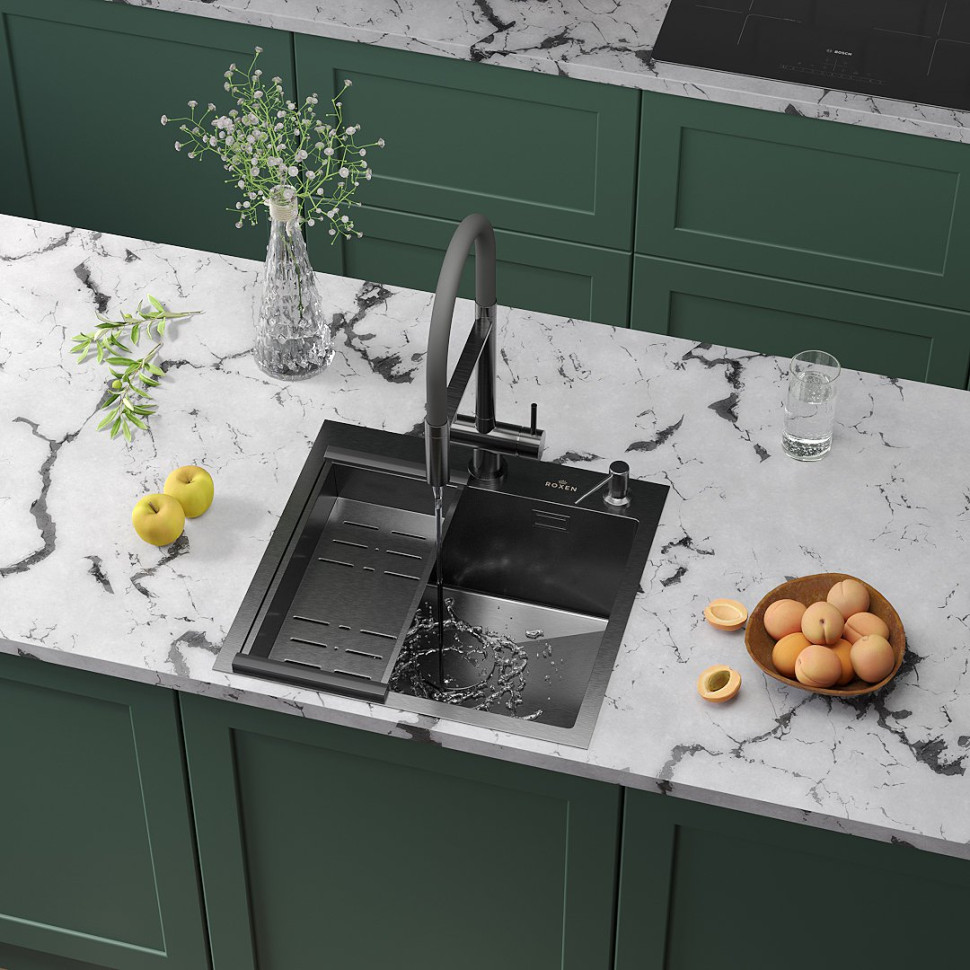 Кухонная мойка Roxen Simple 560220-50B PVD оружейная сталь (с коландером и дозатором)