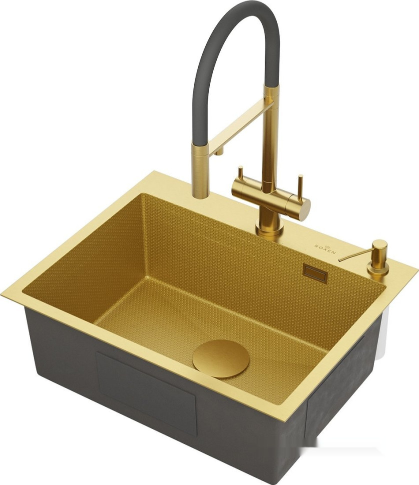 Кухонная мойка Roxen Snake 560220-60-GS PVD Gold золотая/текстурная (с коландером и дозатором)