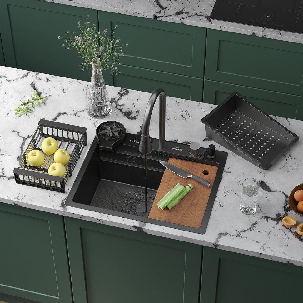 Кухонная мойка Roxen Stage Plus 560250-60-BS многофункциональная 8 в 1 (60*48/текстурная оружейная сталь)